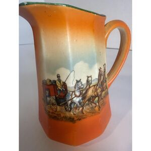 Ceramic Octagonal Pitcher Orange Glossy Horse Carriage Scene Czechoslovakia